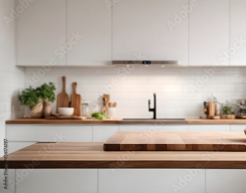 Wooden light empty table top in modern white kitchen and blurred background © Nisit