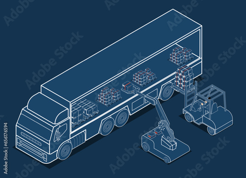 Robotic Arm and Forklift Taking a Cardboard Box from the Truck. Autonomous Robot transportation operation service. Vector illustration eps10