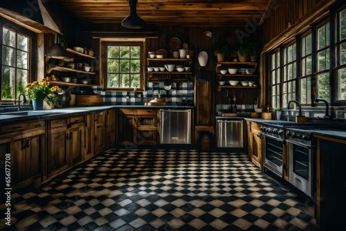 Country Kitchen with Checkered Floors © Humaira