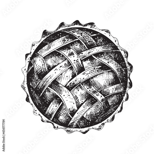 Vector hand-drawn vintage illustration for advertising, banner and cafe menu. Pie, bun, croissant and other products in the style of a graphic sketch of a stylish bakery.