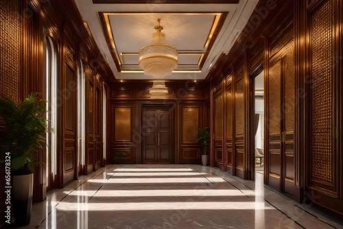 A luxurious home corridor with a classic and elegant style.