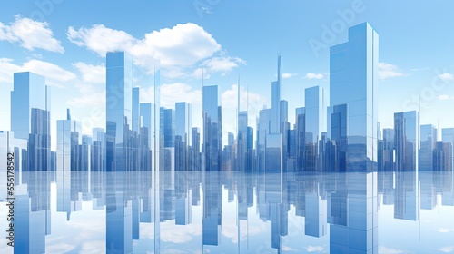 abstract modern minimal cityscape background, mirror skyscrapers under the blue sky with white clouds