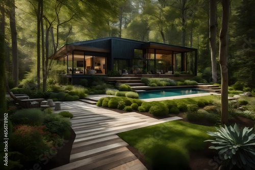 A woodland-inspired home lawn with shade-loving plants and a meandering path.