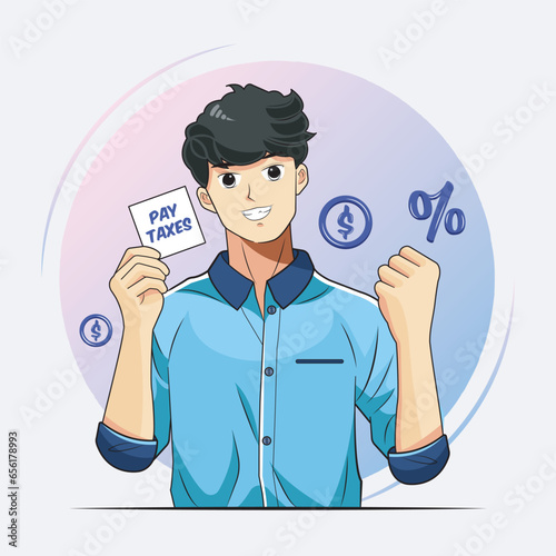 Tax day. Happy young man holding reminder paper with pay taxes message vector illustration