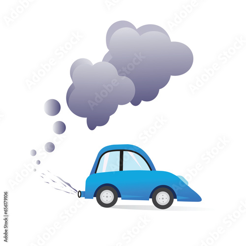 Car air pollution, vector art design. Polluted air environment at city and industrial carbon dioxide clouds, Exhaust gas.