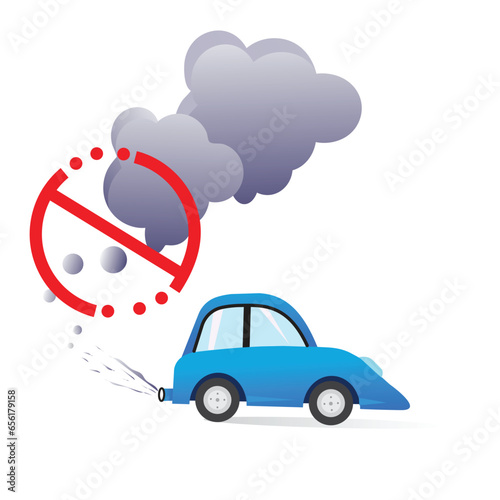 Car air pollution, vector art. Polluted air environment at city and industrial carbon dioxide clouds. Antipollution concept, design.