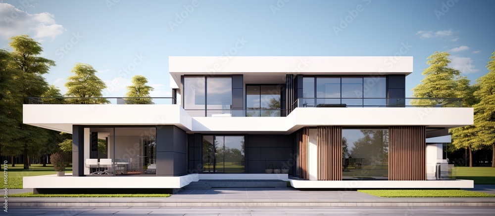 Modern house shown in with flat roof displaying elite architecture and roof utilization Modern house shown in with flat roof displaying elite architecture and roof utilization
