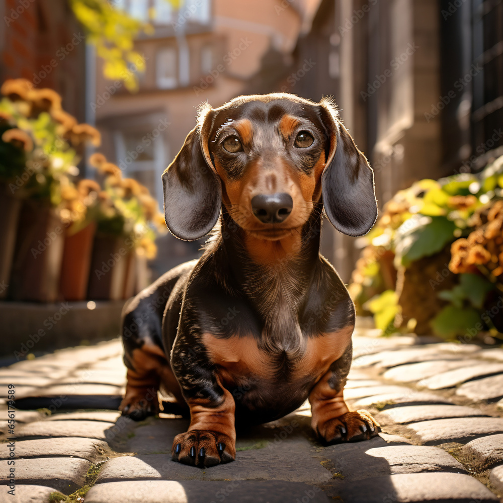 Dachshund, photography, long-bodied, short-legged, spirited, on a cobblestone street, whimsical, dappled sunlight, warm browns and tans Generative AI