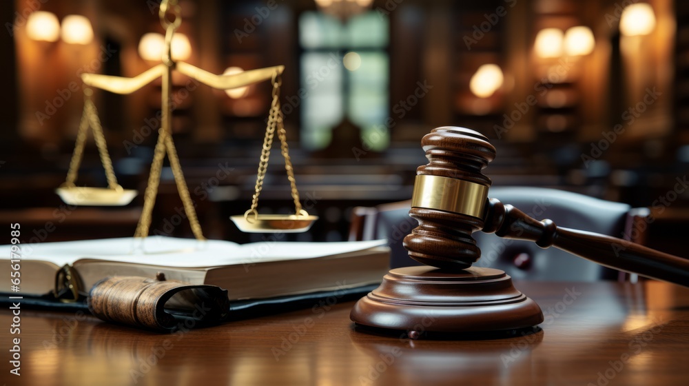 Close-up shot of the gavel on the judge's desk symbolizing court trials, justice, and legal decisions in the courtroom. The gavel and scales of justice representing law and justice concepts