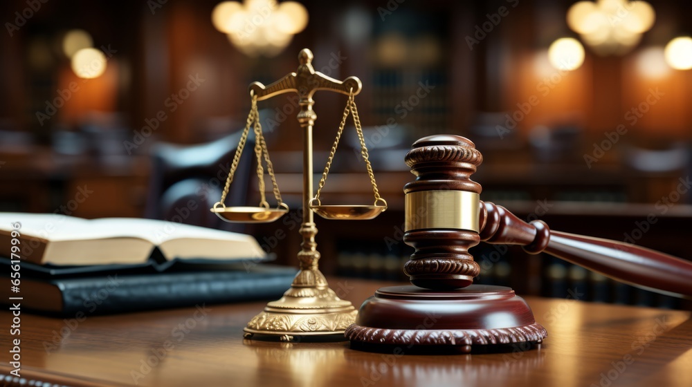 Close-up shot of the gavel on the judge's desk symbolizing court trials, justice, and legal decisions in the courtroom. The gavel and scales of justice representing law and justice concepts - obrazy, fototapety, plakaty 