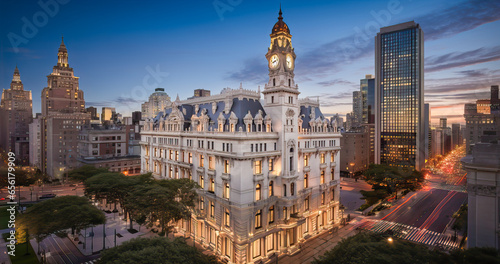 Grand white building with ornate clock tower amidst modern skyscrapers at dusk. Traffic streams below, painting city streets in gold. Landmark architecture in vibrant urban setting.