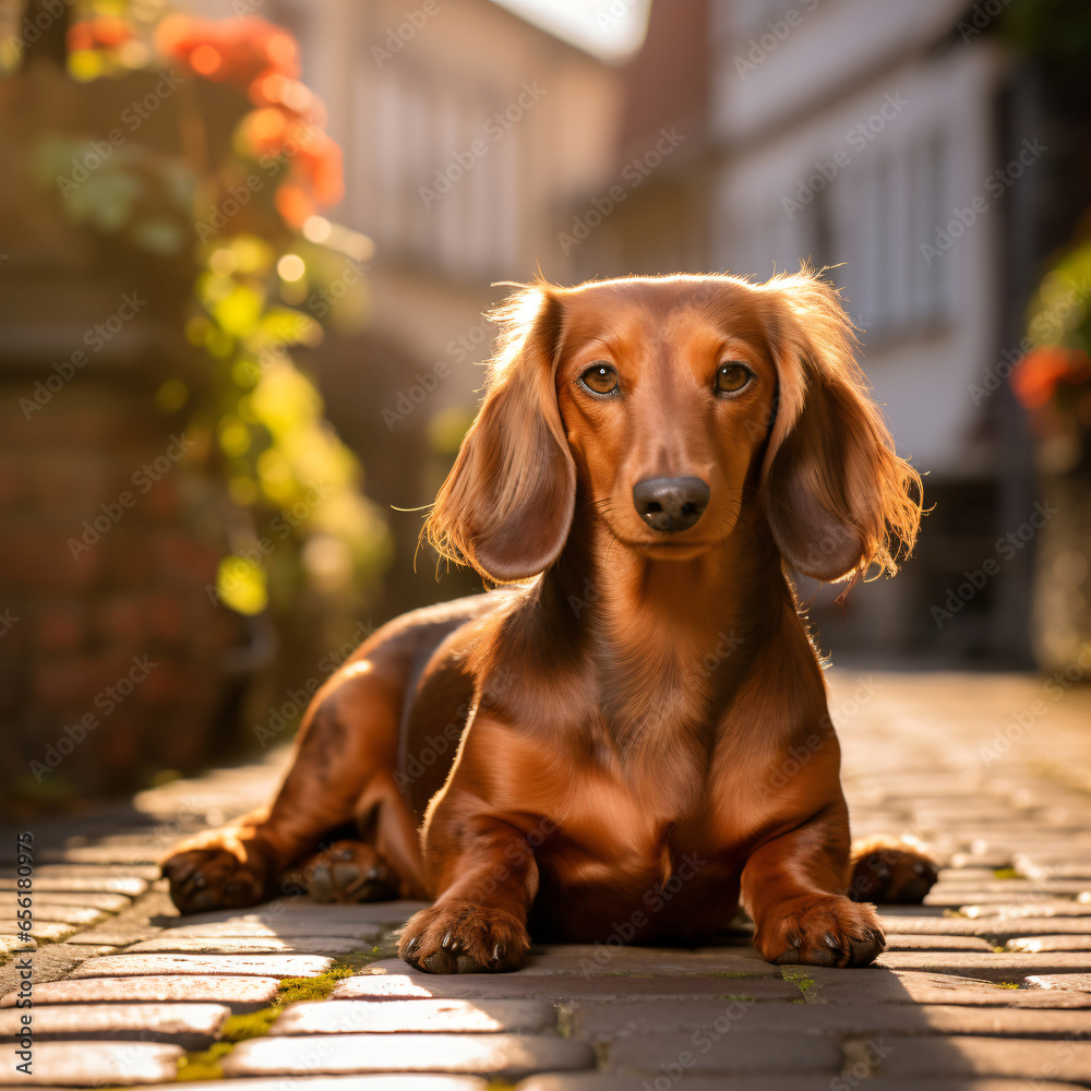 Dachshund, photography, long-bodied, short-legged, spirited, on a cobblestone street, whimsical, dappled sunlight, warm browns and tans Generative AI