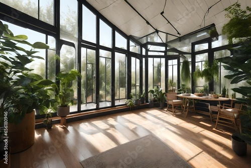 A sunroom with large windows and indoor plants.