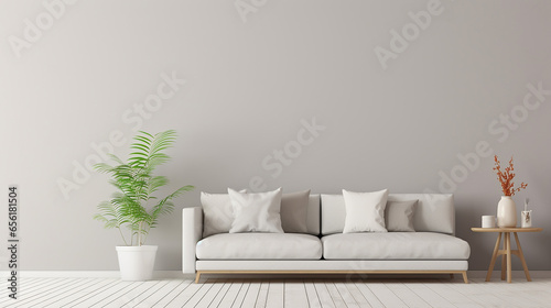 Modern mock up furniture and decoration of empty cozy living room illustration design. Generative AI photo