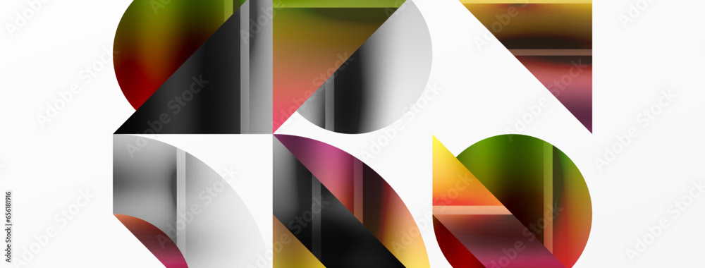 Minimalistic elegance shines through in this metallic background, showcasing composition of circles and triangles, creating geometric masterpiece Minimalistic elegance shines through in this metallic background, showcasing composition of circles and triangles, creating geometric masterpiece