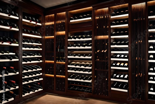 A wine storage wall with racks and display lighting.