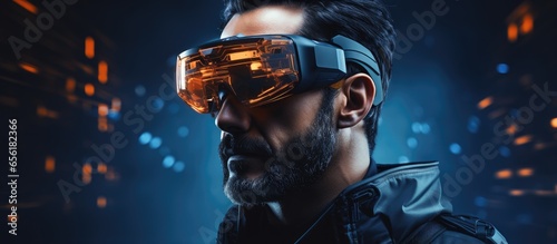 Man wearing AR glasses with facial recognition and AI technology