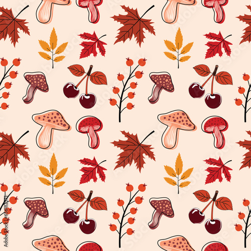 leaves, rowanberry and mushroom pattern design