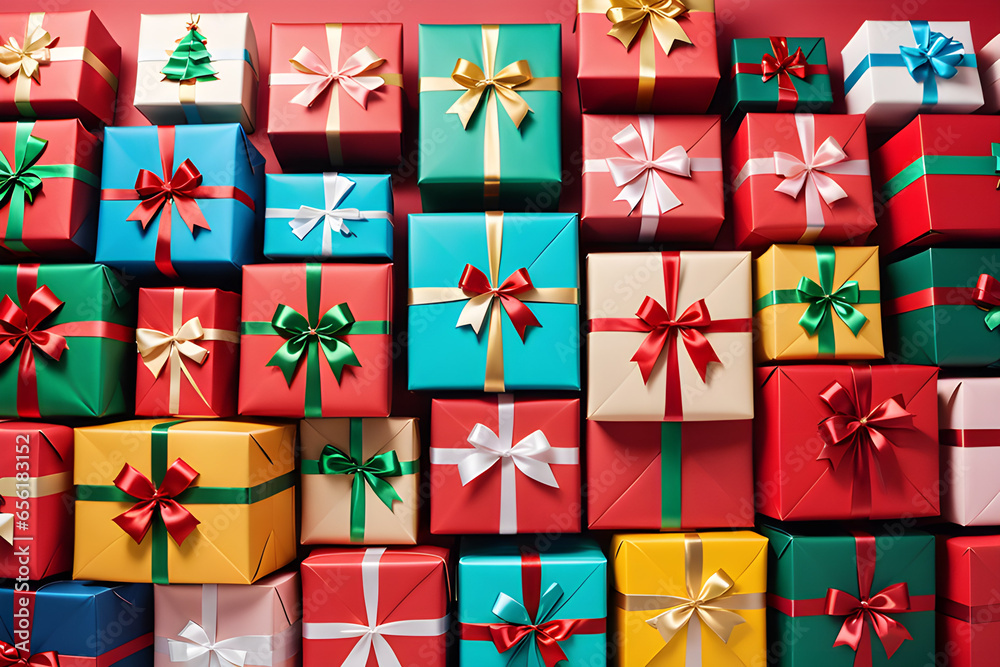 Presents box in many colors with background Christmas Presents box in many colors with background Christmas