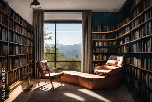 A reading nook with built-in bookshelves and a cozy chair.