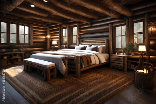 A rustic cabin-themed bedroom with log furniture. © Humaira
