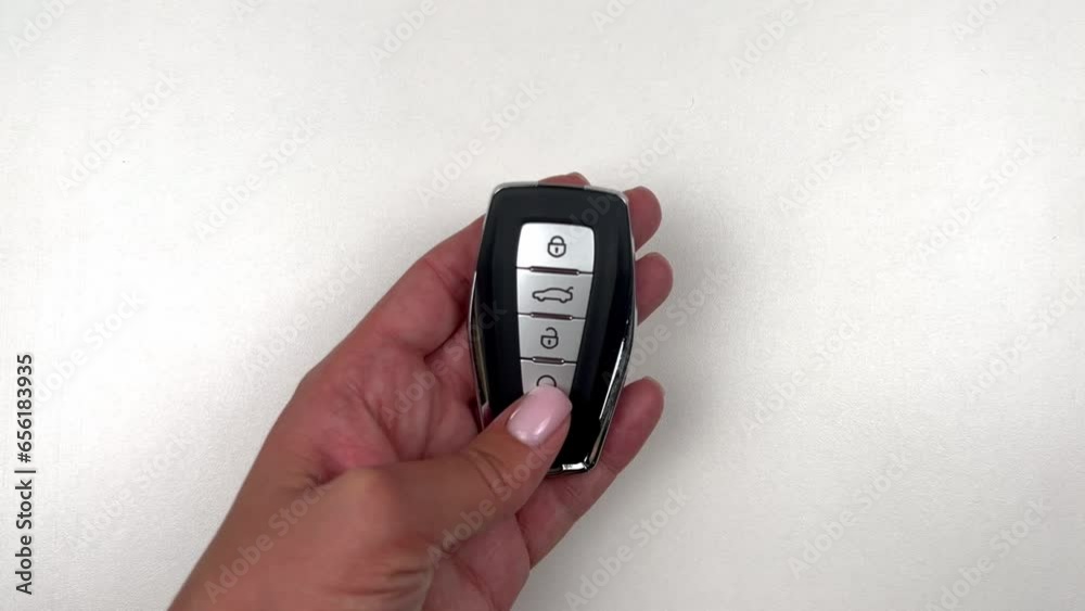 A black car key with metal inserts and automatic buttons is taken by the hand of a person of European appearance, runs his fingers over the buttons, presses the car opening icon and puts the key back A black car key with metal inserts and automatic buttons is taken by the hand of a person of European appearance, runs his fingers over the buttons, presses the car opening icon and puts the key back