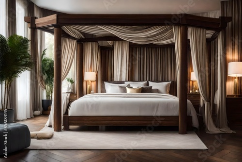 luxurious bedroom with a canopy bed and rich textures.