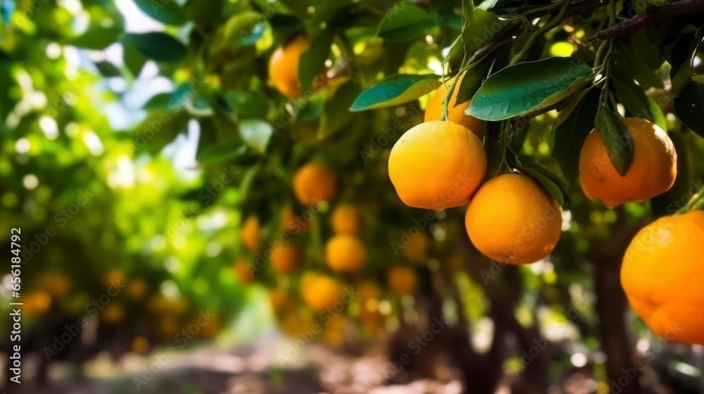 Sun-Dappled Orange Orchard with Trees Lush with Colorful Fruit Ready for Harvest, Promising a Bountiful and Profitable Crop