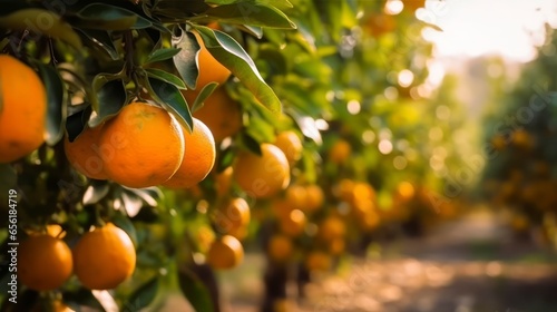 Sun-Dappled Orange Orchard with Trees Lush with Colorful Fruit Ready for Harvest, Promising a Bountiful and Profitable Crop photo