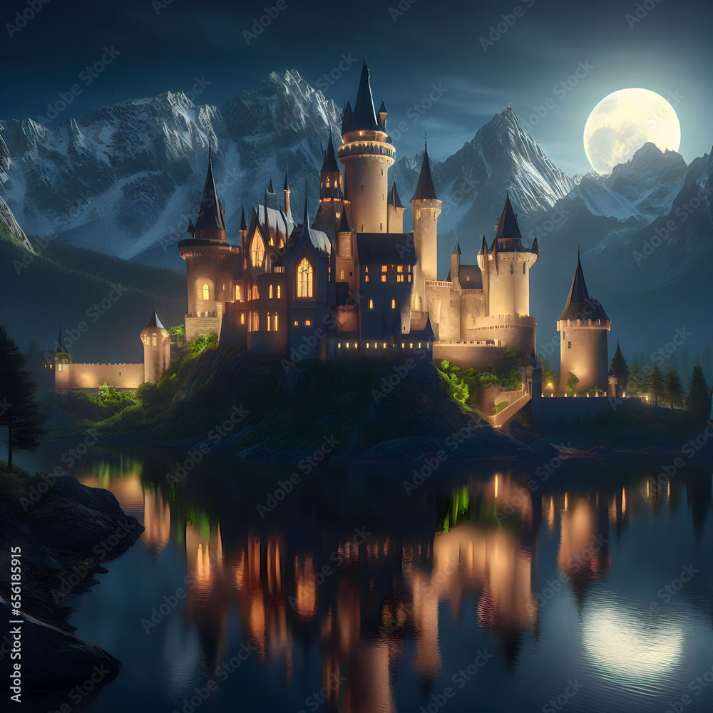 The castle is in the middle of the lake with mountains in the background and the moon shining at night and copy space area on water. - obrazy, fototapety, plakaty 