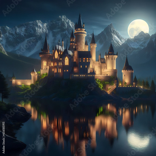 The castle is in the middle of the lake with mountains in the background and the moon shining at night and copy space area on water.