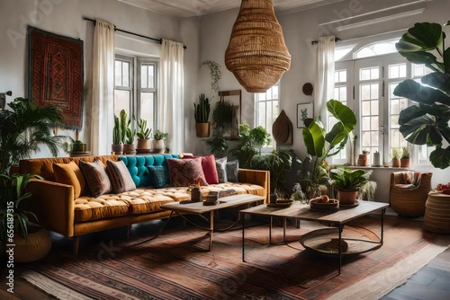 A Bohemian-inspired living space with eclectic decor. photo