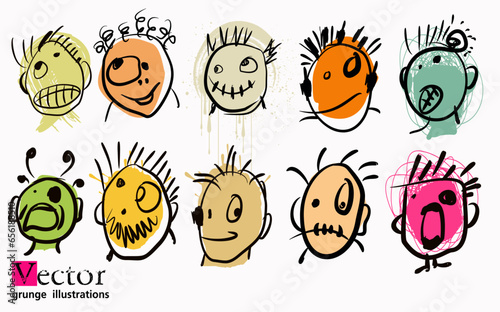 Set of creative cool faces with emotions. constructor elements, eyes, mouth,nose, ear. Modern art character. Brush stroke. Grunge texture. Creatures design vector