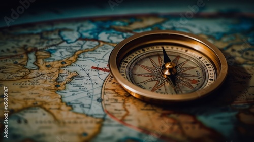 Compass on World Map Represents Navigation, Exploration and Humanity's Quest for Knowledge and Meaning