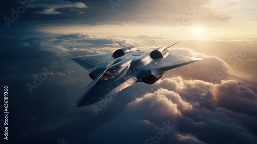 3D illustration of futuristic hypersonic jet in the sky. Future technology with supersonic Jet. photo