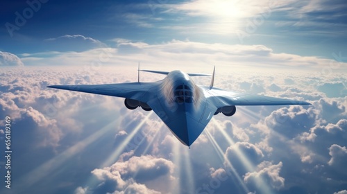 3D illustration of futuristic hypersonic jet in the sky. Future technology with supersonic Jet.