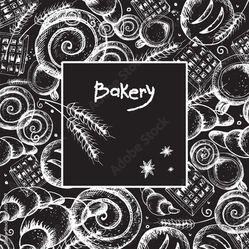 Vector hand-drawn vintage illustration for advertising, banner and cafe menu. Pie, bun, croissant and other products in the style of a graphic sketch of a stylish bakery.