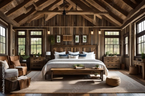 farmhouse-style bedroom with rustic elements.