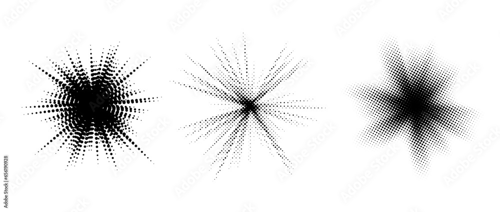 Halftone burst element set. Pop art dotted explosion blast collection. Black light star glow with grunge texture effect. Abstract retro shine star flare for banner poster. Vector pixelated splash pack