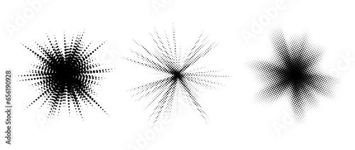 Halftone burst element set. Pop art dotted explosion blast collection. Black light star glow with grunge texture effect. Abstract retro shine star flare for banner poster. Vector pixelated splash pack
