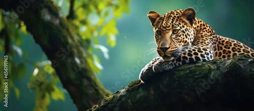 Male leopard or panther on a tree in the monsoon green jungle of central India Asia photo