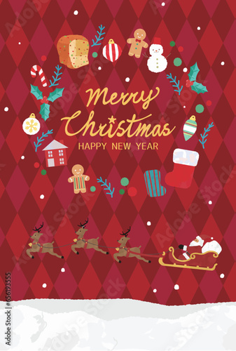 Christmas card vertical arrangement, Santa Claus and cute material wreath.