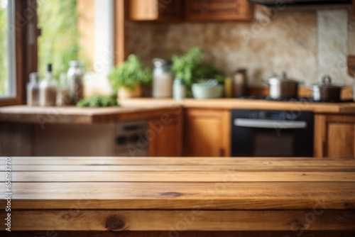Wooden table on blurred kitchen bench background. Empty wooden table and blurred kitchen background