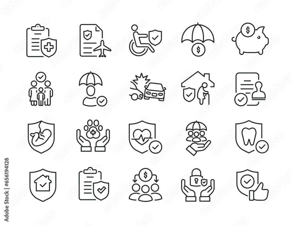 Insurance thin line icons. Editable stroke. For website marketing design, logo, app, template, ui, etc. Vector illustration.