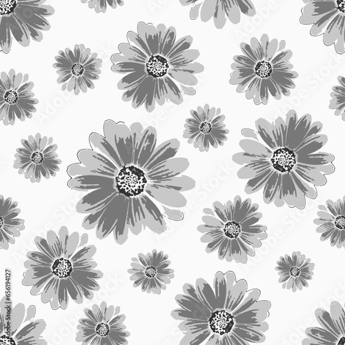 Seamless gray flower pattern. Big blossom sunflowers pattern on white background.Seamless pattern with abstract gray color sunflower pattern.
