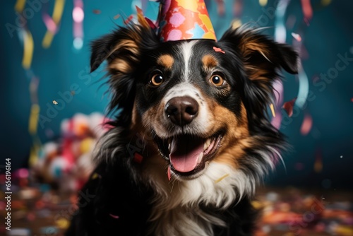 Cute dog wearing a party hat. Pet celebrating his birthday.