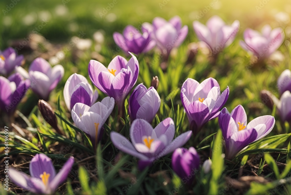 Spring awakening - Blossoming purple white crocuses on a green meadow illuminated by the morning sun. Spring awakening - Blossoming purple white crocuses on a green meadow illuminated by the morning sun.