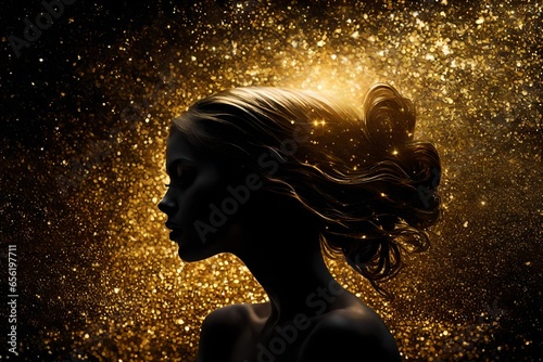 Image of a female woman model silhouette with gold glitter surrounding her.