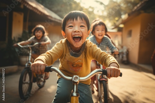 Murais de parede Happy asian kid riding bicycle in the park