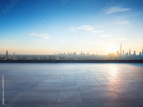 Perspective view of empty floor and modern rooftop building with cityscape scene © Elaine